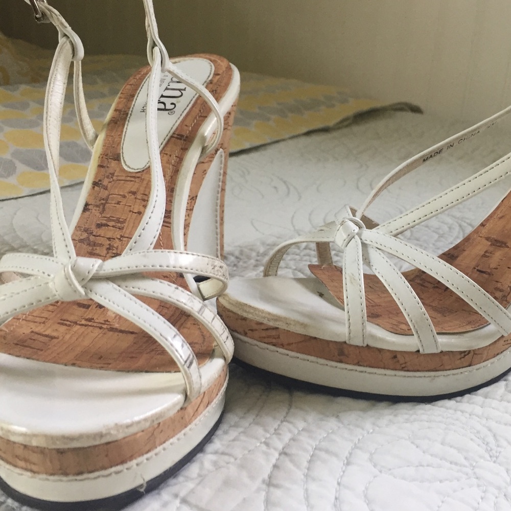 A.N.A. White patent sling back wedges, size 7